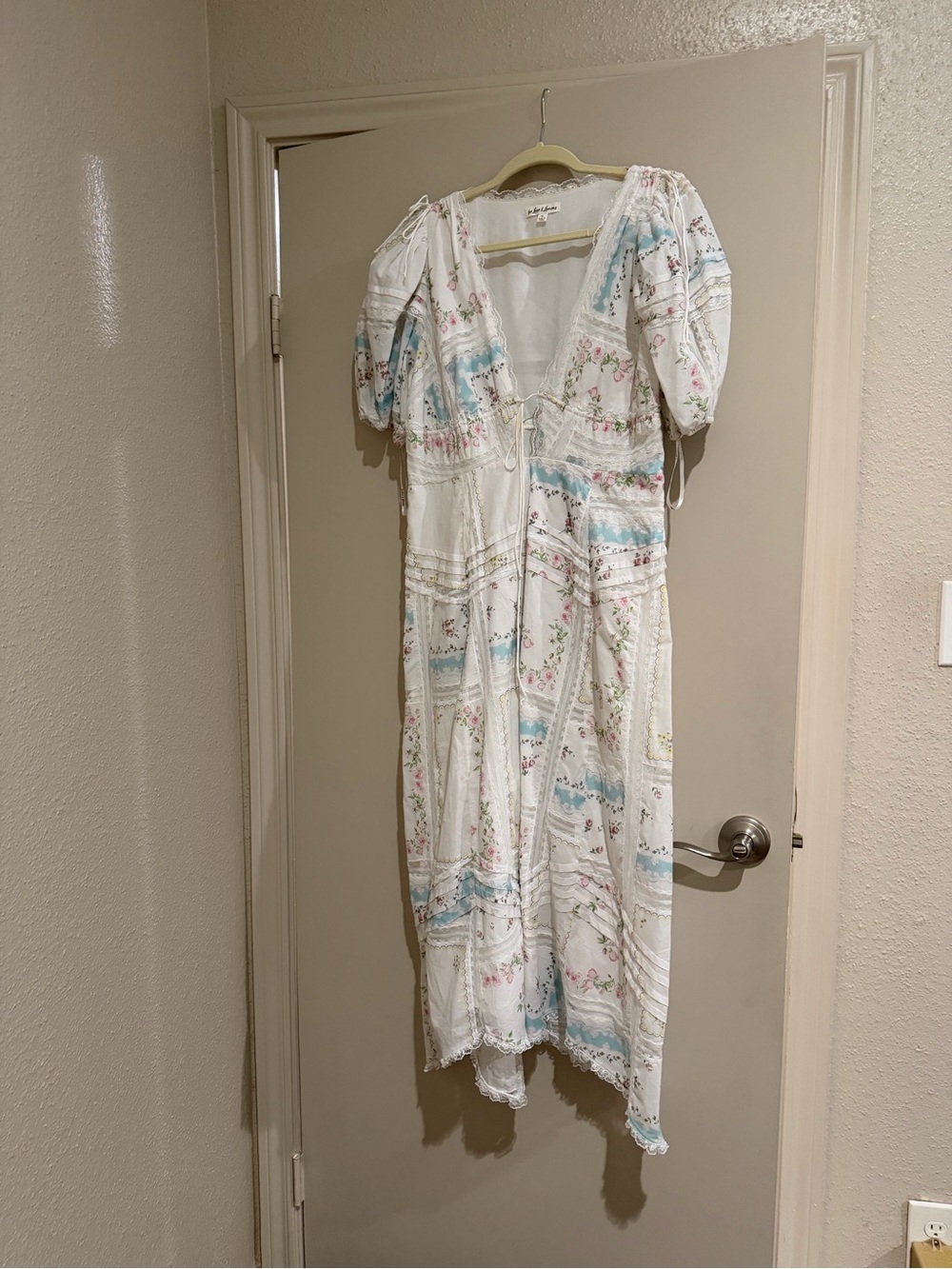 For Love & Lemons Shea White Floral Midi Dress with Puff Sleeves